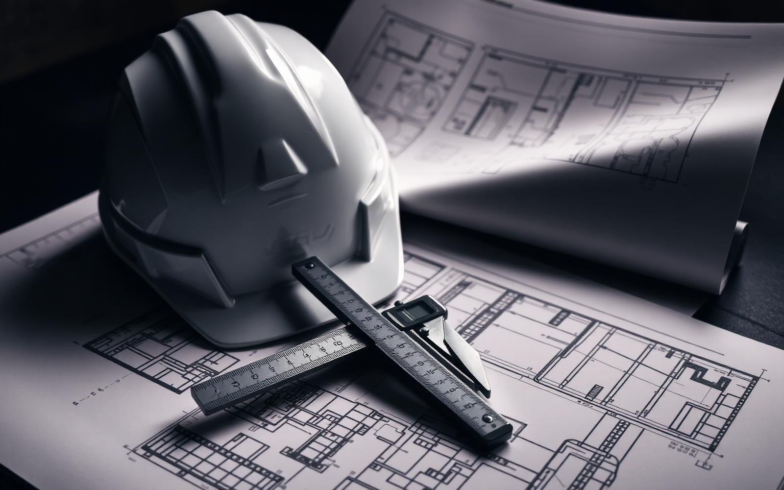 White hard hat and steel calipers resting on structural blueprints under warm light