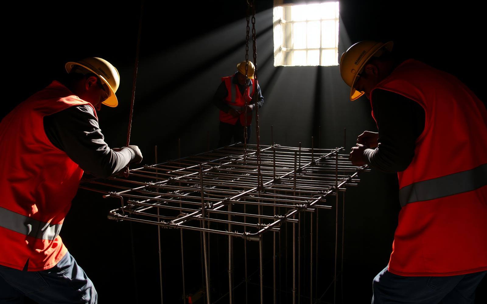 Ironworkers in orange vests tying a rebar cage in a foundation with dramatic morning light