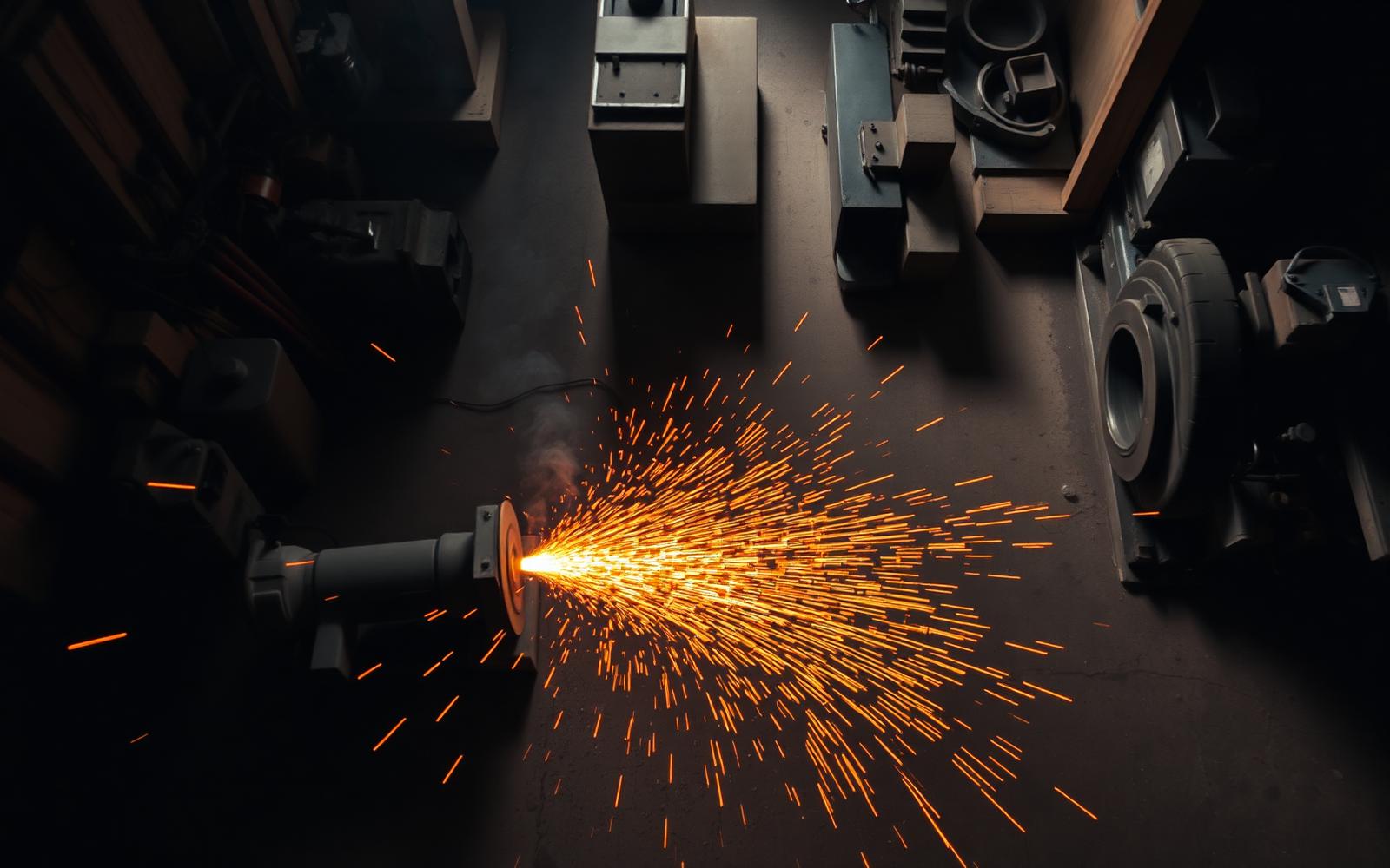 Overhead view of a steel fabrication shop floor with sparks flying from a grinder