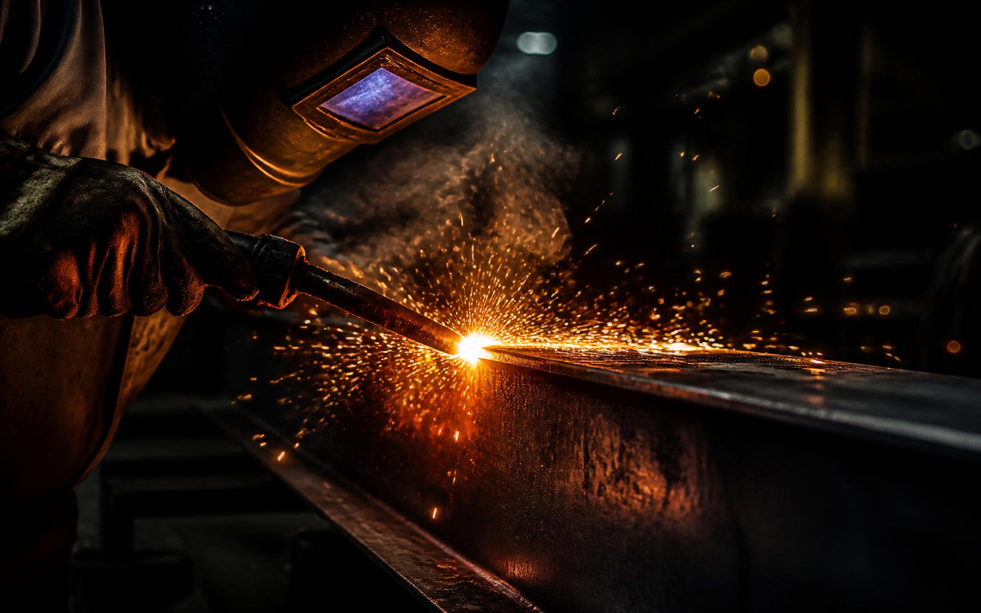 Welder striking arc on steel beam